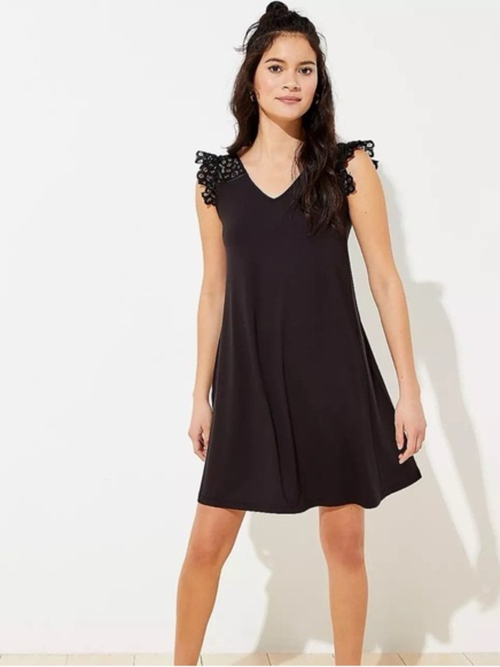 Loft V-Neck Swing Mini Dress Black Size L